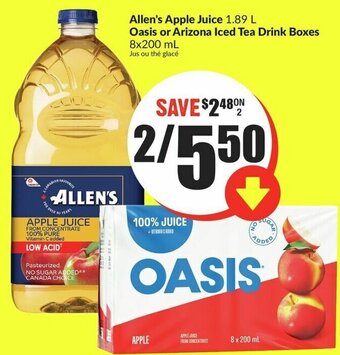 FreshCo Allen's Apple Juice 1.89 L Oasis or Arizona Iced Tea Drink Boxes 8x200 mL offer
