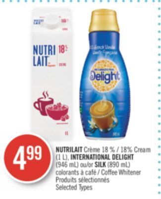 Pharmaprix Nutrilait 18% cream (1 l), international delight (946 ml) or silk (890 ml) coffee whitener offer