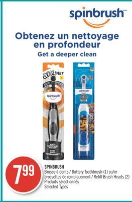 Pharmaprix Spinbrush battery toothbrush (1) or refill brush heads (2) offer