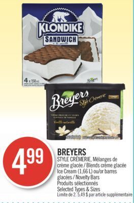 Pharmaprix Breyers style crémerie blends ice cream (1.66l) or novelty bars offer