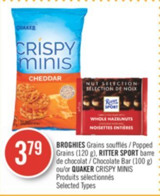 Pharmaprix Broghies popped grains (120 g), ritter sport chocolate bar (100 g) or quaker crispy minis offer