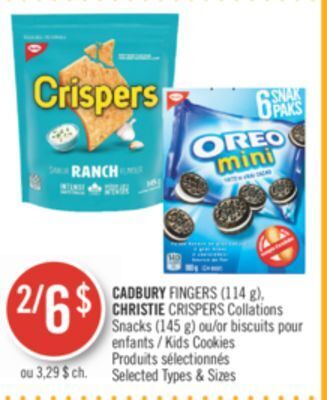 Pharmaprix Cadbury fingers (114g) christie crispers collations snacks (145g) or kids cookies offer