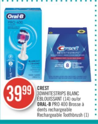 Pharmaprix Crest 3dwhitestrips blanc (14) or oral-b pro 400 rechargeable toothbrush (1) offer