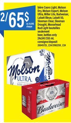Maxi Bière coors light, molson dry, molson export, molson ultra, miller lite, budweiser, labatt bleue, labatt 50, sleeman clear, s offer