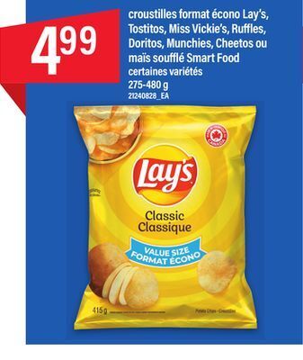 Maxi Croustilles format écono lay's, tostitos, miss vickie's, ruffles, doritos, munchies, cheetos ou maïs soufflé smart food, 275- offer
