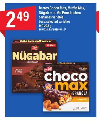 Maxi Barres choco max, muffin max, nügabar ou go pure leclerc, 140-223 g offer