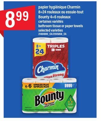 Maxi Papier hygiénique charmin, 8=24 rouleaux ou essuie-tout bounty, 4=6 rouleaux offer
