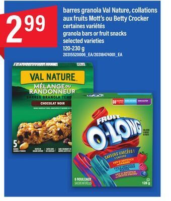 Maxi Barres granola val nature, collations aux fruits mott's ou betty crocker, 120-230 g offer