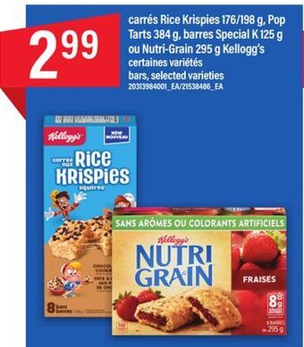 Maxi Carrés rice krispies 176/198 g, pop tarts 384 g, barres special k, 125 g ou nutri-grain 295 g kellogg's offer