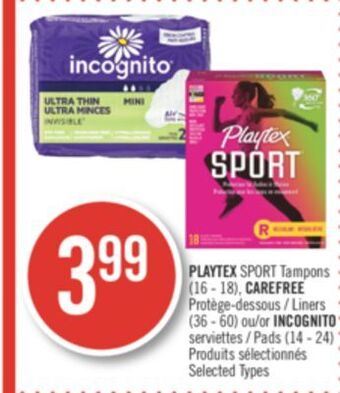Pharmaprix Playtex sport tampons (16 - 18), carefree liners (36 - 60) or incognito pads (14 - 24) offer