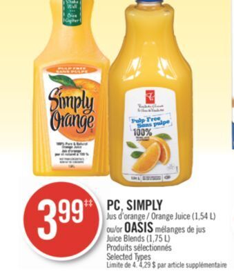 Pharmaprix Pc, simply orange juice (1,54 l) or oasis juice blends (1,75 l) offer