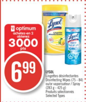 Pharmaprix Lysol disinfecting wipes (75 - 84) or spray (283 g - 425 g) offer