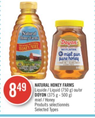 Pharmaprix Natural honey farms liquid (750 g) or doyon (375 g - 500 g) honey offer