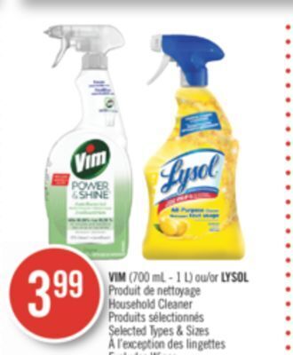 Pharmaprix Vim (700 ml-1 l) or lysol household cleaner offer