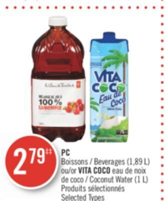 Pharmaprix Pc beverages (1,89 l) or vita coco coconut water (1 l) offer