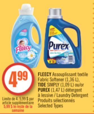 Pharmaprix Fleecy fabric softener (1,36 l), tide simply (1,09 l) or purex (1,47 l) laundry detergent offer