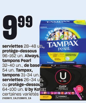 Provigo Serviettes, 28-48 un., protège-dessous 96-162 un. always, tampons pearl, 32-40 un., de base, 54 un. tampax, tampons 31-34 un. offer