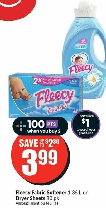 FreshCo Fleecy Fabric Softener 1.36 L or Dryer Sheets 80 pk offer