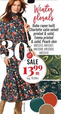 Fabricville Winter florals - boho rayon twill, charlotte satin velvet printed and solid, emma printed and solid peach skin offer