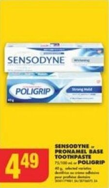 No Frills SENSODYNE or PRONAMEL BASE TOOTHPASTE or POLIGRIP offer