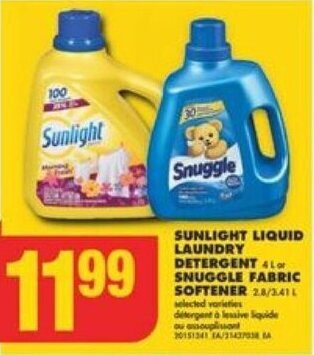 No Frills SUNLIGHT LIQUID LAUNDRY DETERGENT or SNUGGLE FABRIC SOFTENER offer