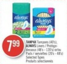Shoppers Drug Mart TAMPAX Tampons or ALWAYS Liners offer