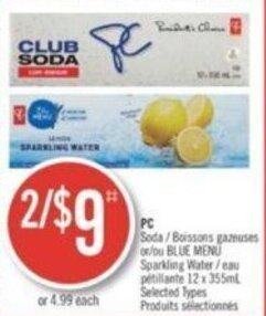 Shoppers Drug Mart PC Soda or BLUE MENU Sparkling Water offer