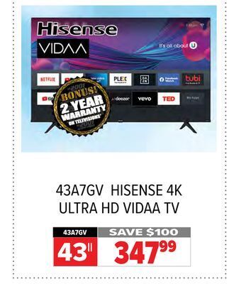 2001 Audio Video Hisense 43 4k ultra hd vidaa tv offer