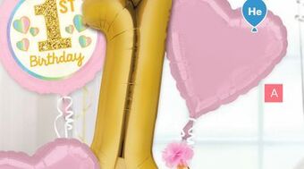 Party City 1st birthday foil balloon bouquet, helium inflation included, metallic gold/pink, 5-pc offer