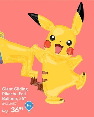 Party City Giant gliding pikachu foil balloon for birthday/pokemon party, helium inflation included, 55-in offer