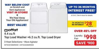Visions Electronics Moffat 4.4 cu.ft top load washer +6.2 cu.ft. top load dryer offer
