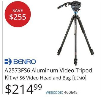Vistek Benro aluminum video tripod kit w/s6 video head and bag offer