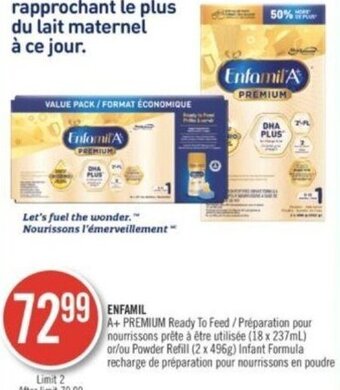 Shoppers Drug Mart ENFAMIL A+ PREMIUM Ready To Feed /Préparation pour nourrissons prête à être utilisée (18 x 237mL) orPowder Refill (2 x 496g) offer