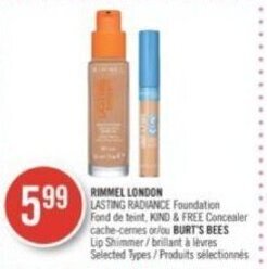 Shoppers Drug Mart RIMMEL LONDON LASTING RADIANCE Foundation , KIND & FREE Concealer or BURT'S BEES Lip ShimmerSelected Types offer