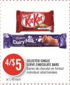 Shoppers Drug Mart SELECTED SINGLE SERVE CHOCOLATE BARS offer