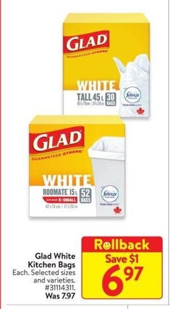 Walmart Glad White Kitchen Bags offer