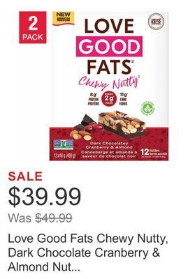 Costco Love good fats chewy nutty, dark chocolate cranberry & almond nut bars, 2 × 480 g offer