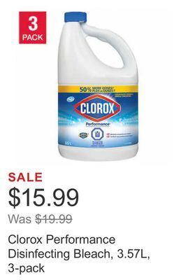 Costco Clorox performance disinfecting bleach, 3.57l, 3-pack offer