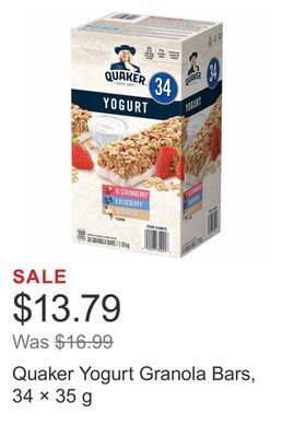 Costco Quaker yogurt granola bars, 34 × 35 g offer