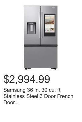 Costco Samsung 36 in. 30 cu. ft stainless steel 3 door french door refrigerator with family hub offer