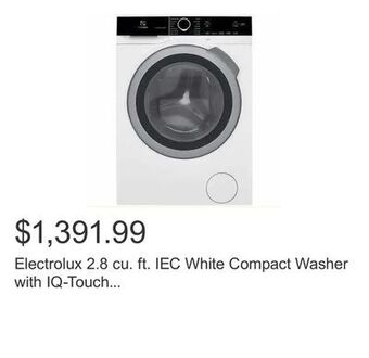 Costco Electrolux 2.8 cu. ft. iec white compact washer with iq-touch controls featuring perfect steam offer