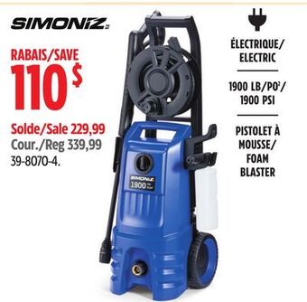 Canadian Tire Simoniz 1900 psi 1.4 gpm corded cold water wheeled brushed electric pressure washer w/ foam blaster offer