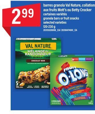 Maxi Barres granola val nature, collations aux fruits mott's ou betty crocker,120-230 g offer