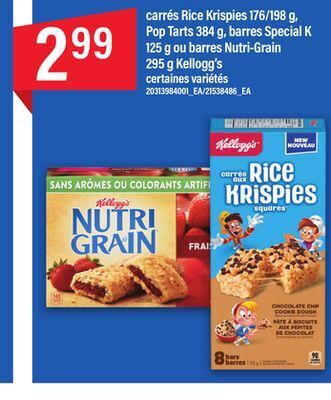 Maxi Carrés rice krispies 176/198 g, pop tarts 384 g, barres special k 125 g ou barres nutri-grain 295 g kellogg's offer