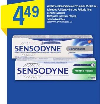 Maxi Dentifrice sensodyne ou pro-émail 75/100 ml, tablettes polident 40 un. ou poligrip 40 g offer