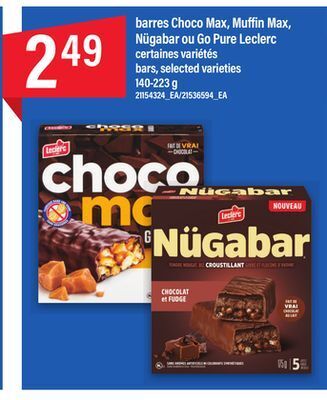 Maxi Barres choco max, muffin max, nügabar ou go pure leclerc 140-223 g offer