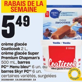 Provigo Crème glacée coaticook, 2 l, crème glacée super premium chapman's 500 ml, barres pc menu bleu 6 un. ou barres skyr pc 6 un offer