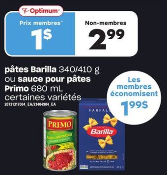 Provigo Pâtes barilla, 340/410 g ou sauce pour pâtes primo, 680 ml offer