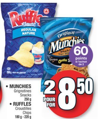 Jean Coutu Munchies snacks 250 g, ruffles chips 180 g - 220 g offer