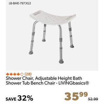 Shopper+ Shower chair, adjustable height bath shower tub bench chair - livingbasics offer